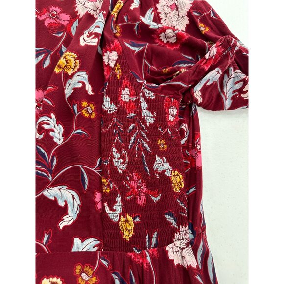 Old Navy Burgundy Floral Short-Sleeve Mini Dress XL Rayon Smocked Boho Cottage - Picture 10 of 11